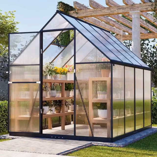 BIRCHTREE Polycarbonate Walk-In Greenhouse with Aluminium Frame, Dark Grey