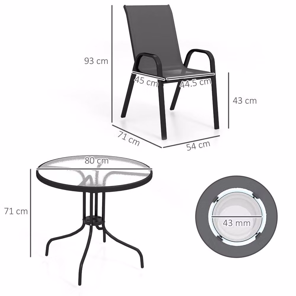 STILVORA Modern Round Garden Dining Set with Matt Black Powder Coated Steel Frame and Glass Table – 3