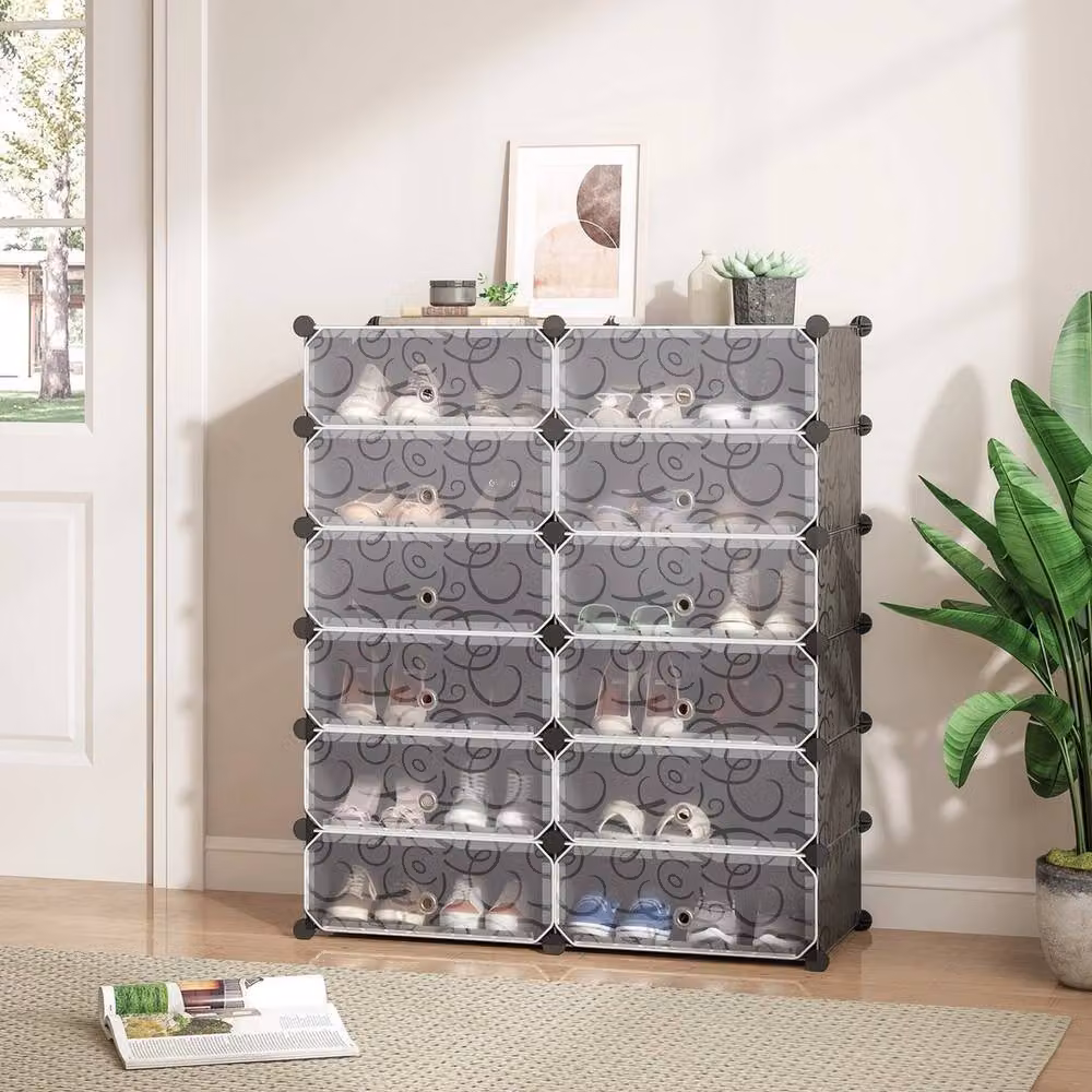 KORVIXA 12 Cube Black Plastic Shoe Rack with Back Panels, W/D/H: 50 x 50 x 50 cm per cube – 3