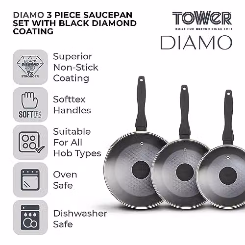 Tower Diamo 3 Piece Black Ceramic Non-Stick Saucepan Set with Glass Lids