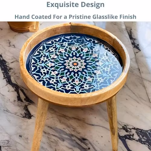 Hartsmede Marrakesh Round Mango Wood Side Table with Blue Glossy Enamel Top, W/D/H: 38 x 38 x 45.72 cm – 6