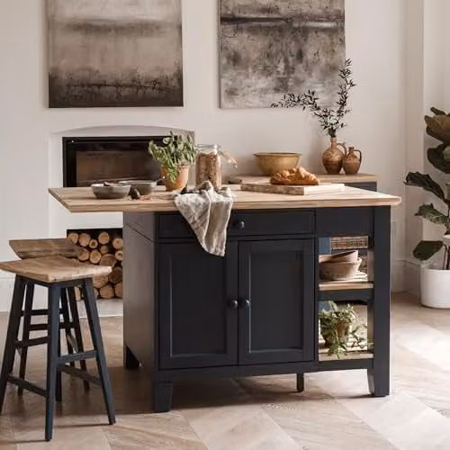 Statement Furniture Florence Kitchen Island with Cupboard, 2 Drawers and Shelves in Navy Blue, W: 150 cm, H: 91 cm, D: 90 cm