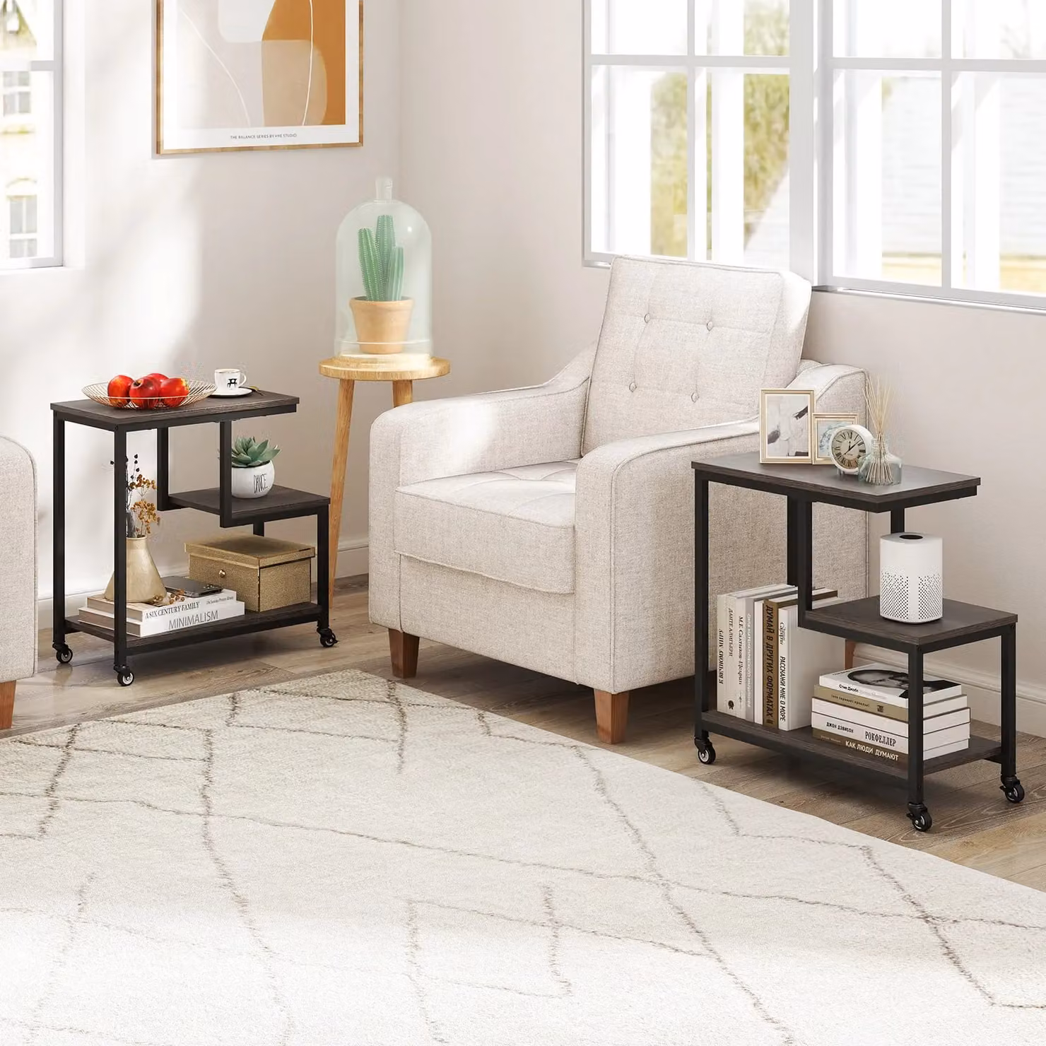 Gymax G-shaped 3-Tier Mobile Side Table with Open Shelves and Castors, Grey – 8