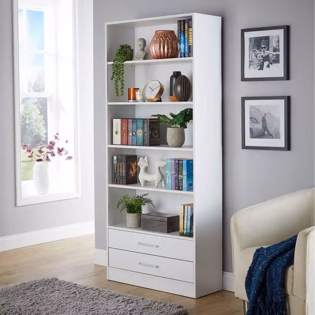 Home Source Clara Tall Wide 2 Drawer Storage Bookcase in White
