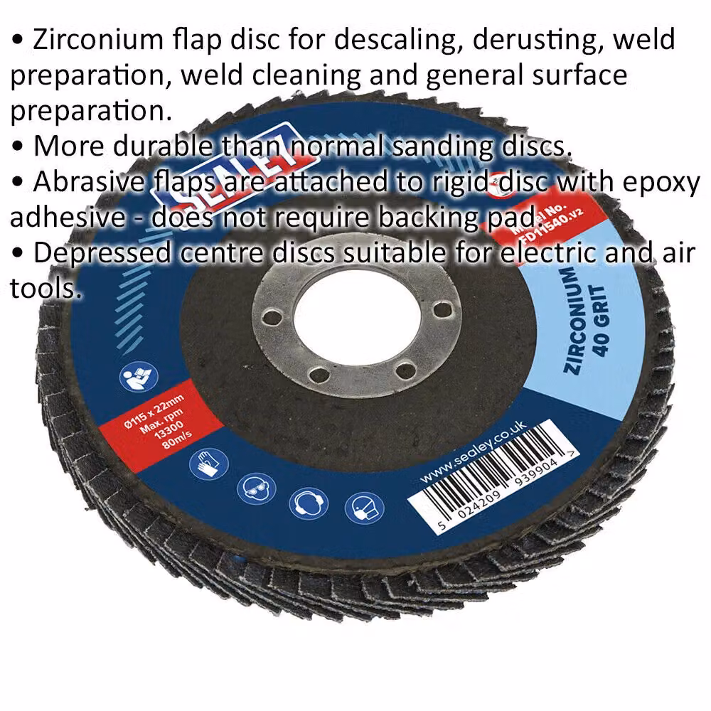 Loops 115mm Zirconium Depressed Centre Flap Disc for Angle Grinders, 40 Grit, 22mm Bore – 2