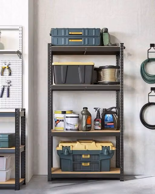 SONGMICS Boltless Garage Shelving Unit with 4 Adjustable Metal and MDF Shelves, Black, H 160.0 x W 80.0 cm