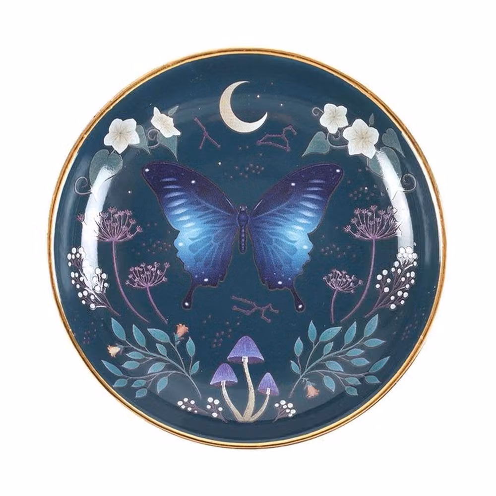 Uniqueful Round Midnight Moth Trinket Dish in Blue and Gold – 2