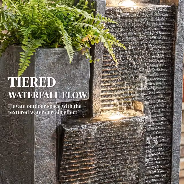 Outsunny Freestanding Resin Cascade Water Feature with Planter in Dark Grey