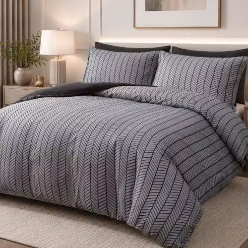 Pamposh King Size Reversible Brushed Microfibre Duvet Cover and Pillowcase Set in Black, 180 x 200 cm