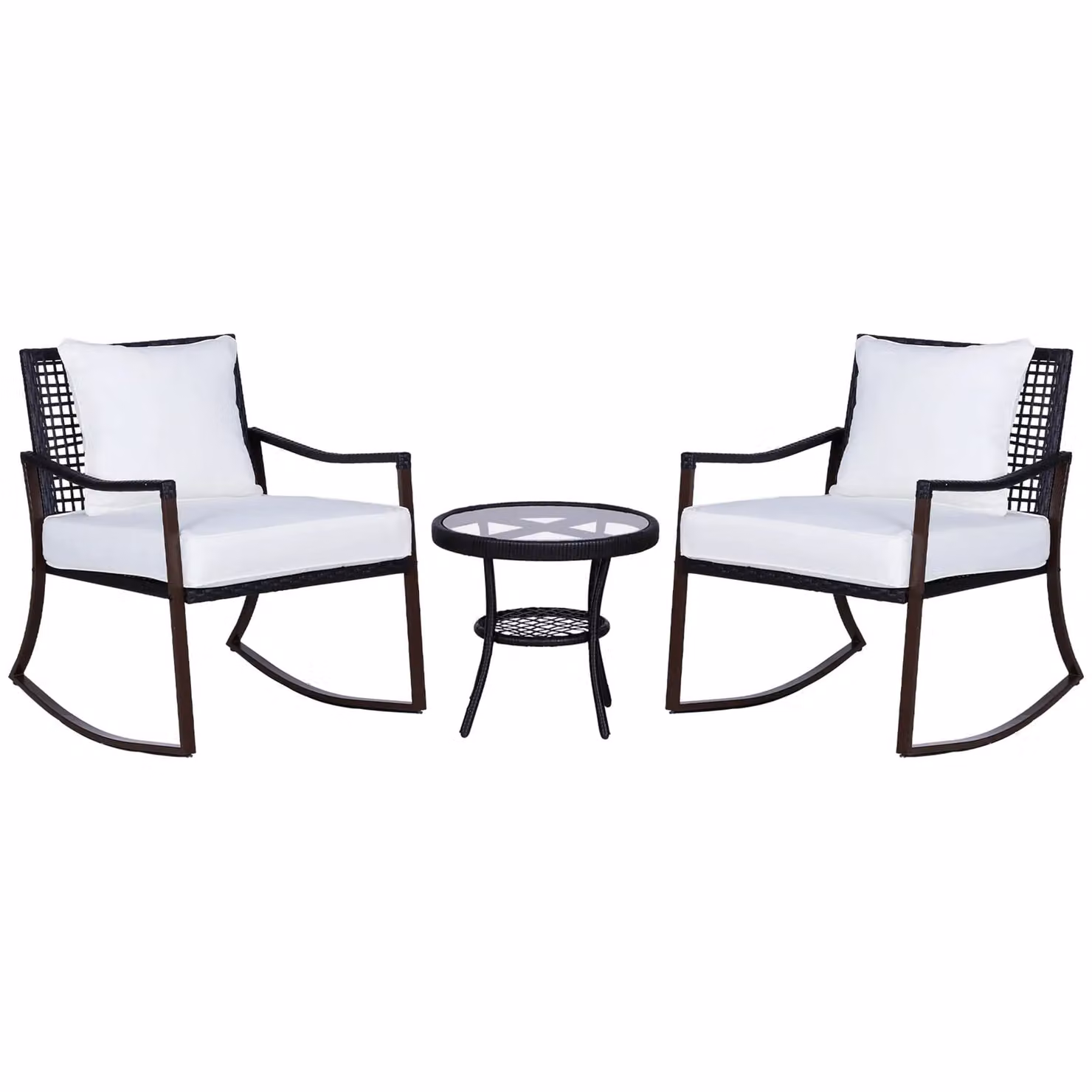 Outsunny 3 Piece Rocking Chair Bistro Set with Rattan Wicker and Glass Coffee Table in Brown – 3