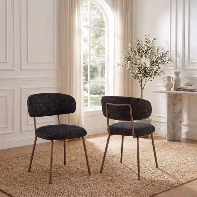 SONARA Set of 2 Mid-Century Dining Chairs with Armrests in Black Linen Fabric and Metal