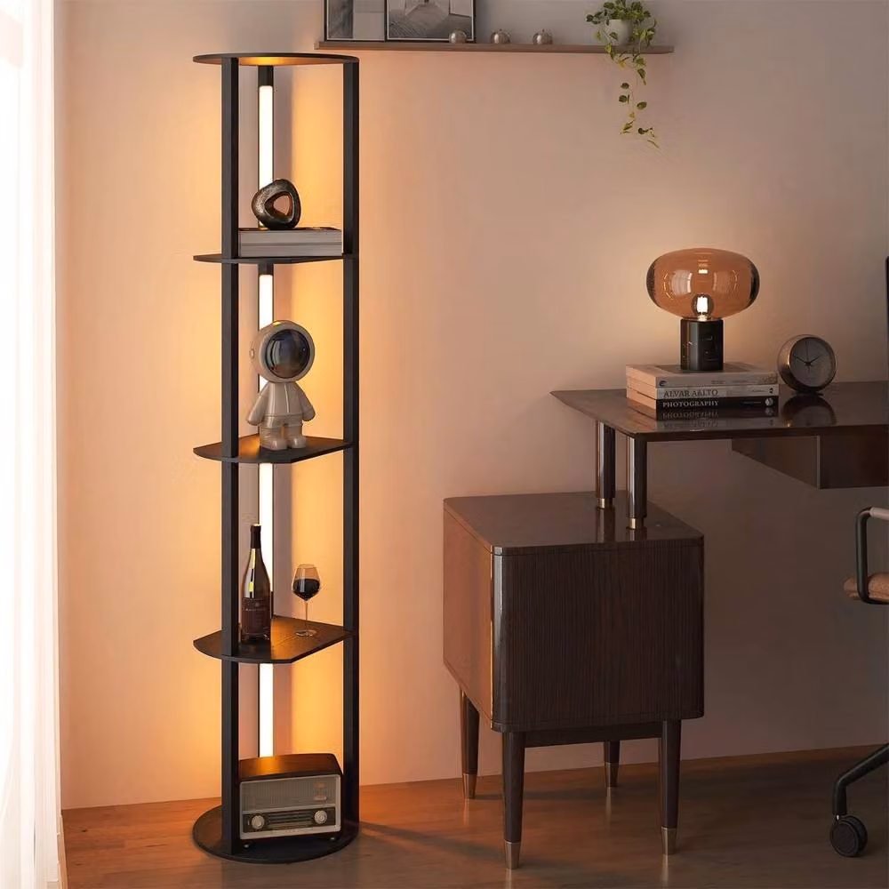 FORGEVIO Modern 4-Tier Wood Shelf Floor Lamp with LED in Black – 4