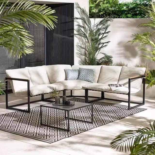 FurnitureboxUK Hydra 5 Seat L-Shape Outdoor Garden Sofa Set with Coffee Table in Cream