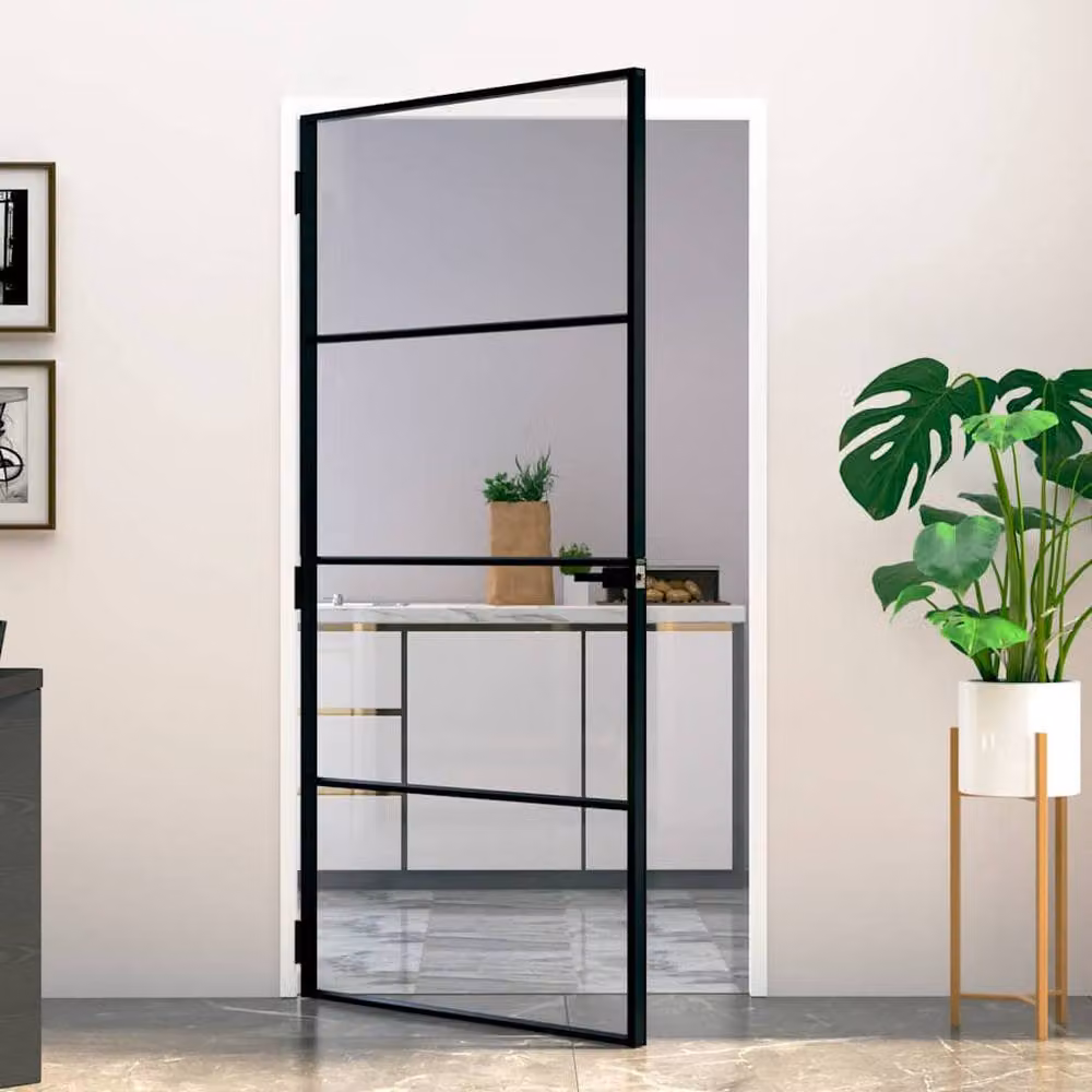 Berkfield Interior Door in Black with Transparent Tempered Glass and Aluminium, W: 102.5 cm, H: 201.5 cm – 2
