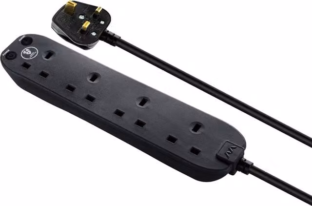 Masterplug 4 Socket 13A Surge Protected Extension Lead, 2m, Black