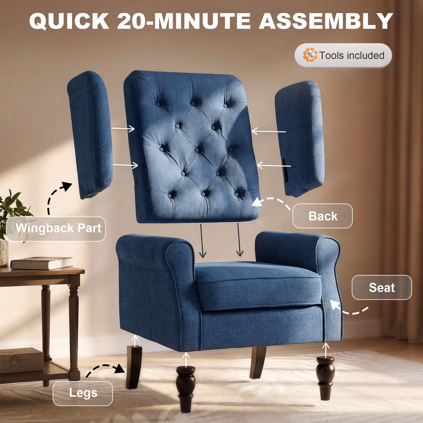 HOMCOM Retro Blue Fabric Wingback Accent Armchair with Solid Wood Frame and Button Tufting – 5