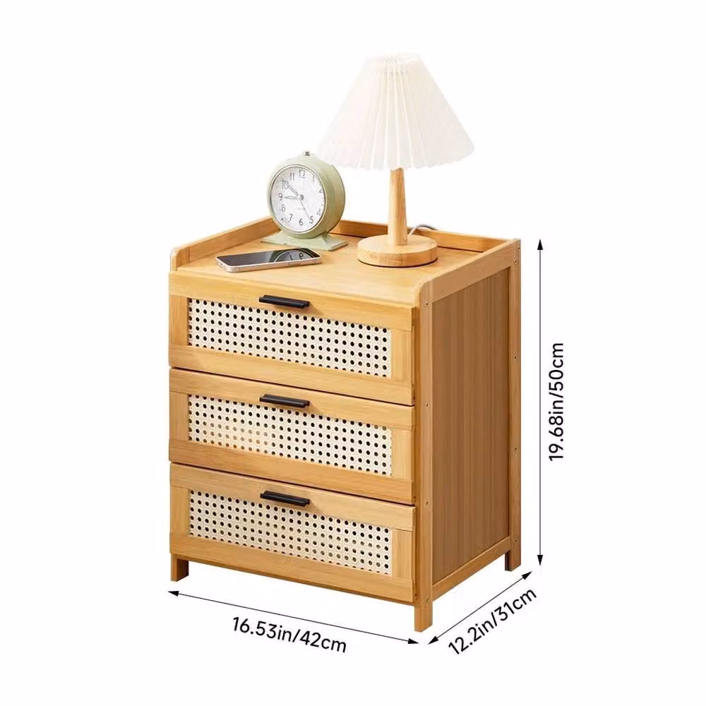 EONLION Natural Rattan and Wood Bedroom Bedside Cabinet with 3 Drawers in Brown and Beige, Height: 100 cm – 2