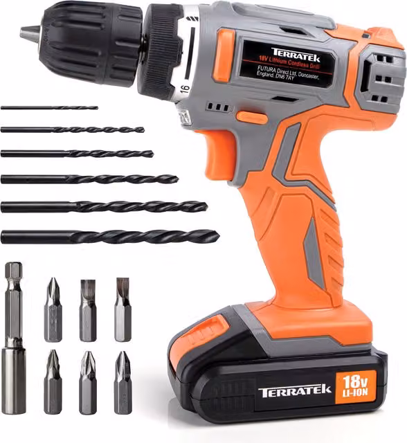 Terratek 18V Cordless Drill Driver 13 Piece Kit in Orange