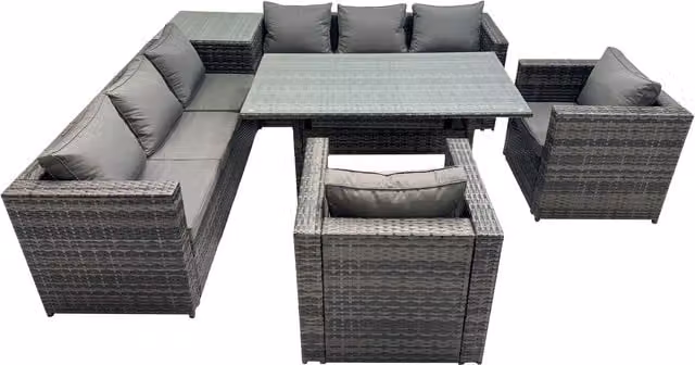 Fimous 8-Seater Outdoor Rattan Corner Sofa and Dining Table Set in Dark Grey