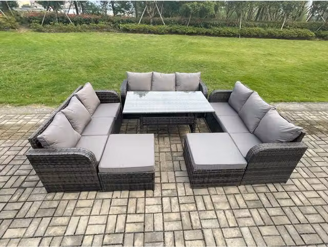 Fimous 11-Seater Rattan Garden Furniture Set with Rectangular Glass Table in Dark Grey Mixed