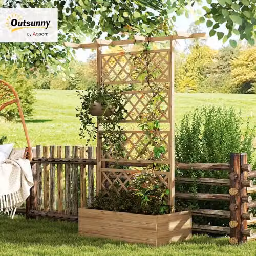 Outsunny Wooden Raised Bed Planter with Trellis for Climbing Plants, Natural/Brown, W: 183 cm, D: 55 cm, H: 55 cm – 2