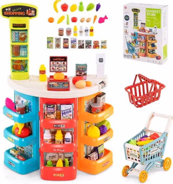 Costway Figure Play World Supermarket Playset for Kids in Pink and Multicolour