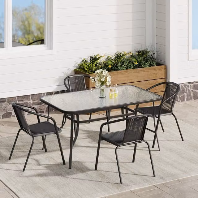 Komore 5-Piece Modern Black Rattan Patio Set with Tempered Glass Table (Width: 150 cm)