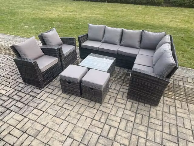 Fimous 10 Seat Rattan Garden Furniture Set in Dark Grey with Corner Sofa, Coffee Table, 2 Armchairs and 2 Footstools