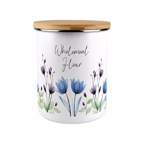 Purely Home Blooming Lovely Flowers Wholemeal Flour Canister - Blue, Purple and White Floral Enamel Kitchen Storage Container