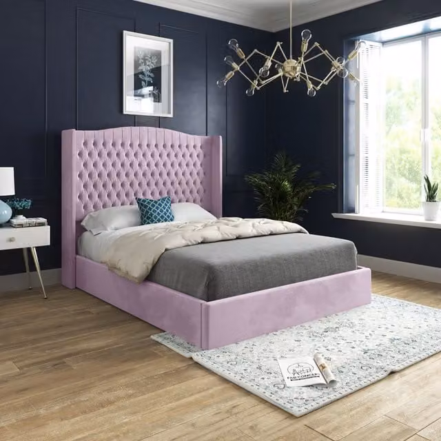 Snuggler KDMD Curved Top Winged Soft Velvet Upholstered Bed Frame in Pink, Small Single, W/D/H: 80 x 190 cm