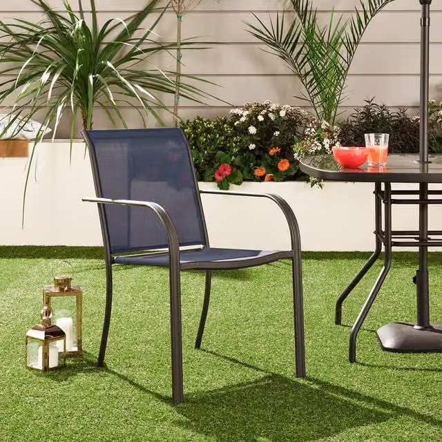 Outdoor Essentials Rio Sling Garden Chair in Navy Blue with Armrests and Stackable Design