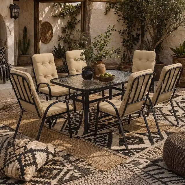 Wyld Haus Seriva 7 Piece 6 Seater Beige Garden Dining Set with Glass Top Table and Cushioned Chairs – 1
