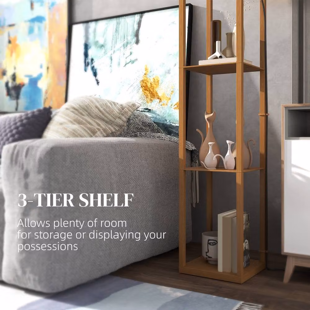 HOMCOM Modern Floor Lamp with 3 Wood Shelves and Beige Fabric Lampshade – 4
