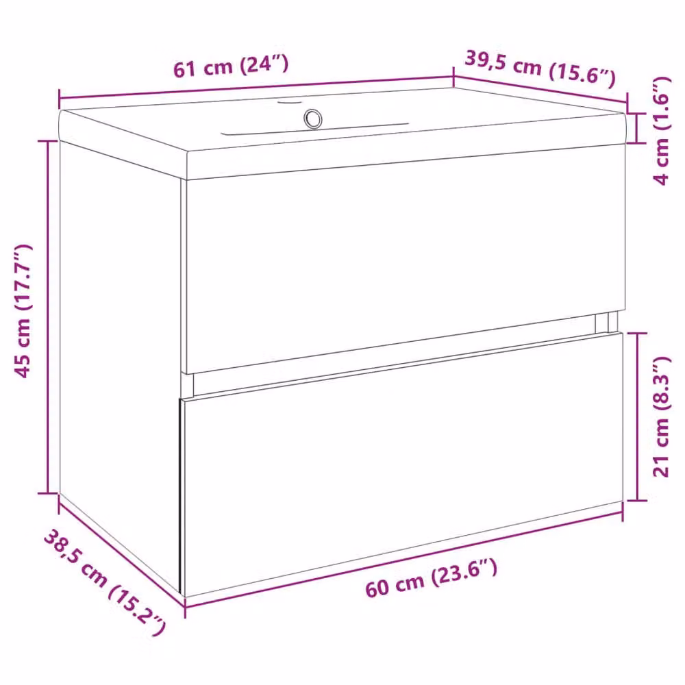 Berkfield Home 2 Piece Wall Mounted Bathroom Vanity Unit Set in Natural and White, Ceramic and Engineered Wood, W/D/H: 60.0 x 38.5 x 45.0 cm – 2
