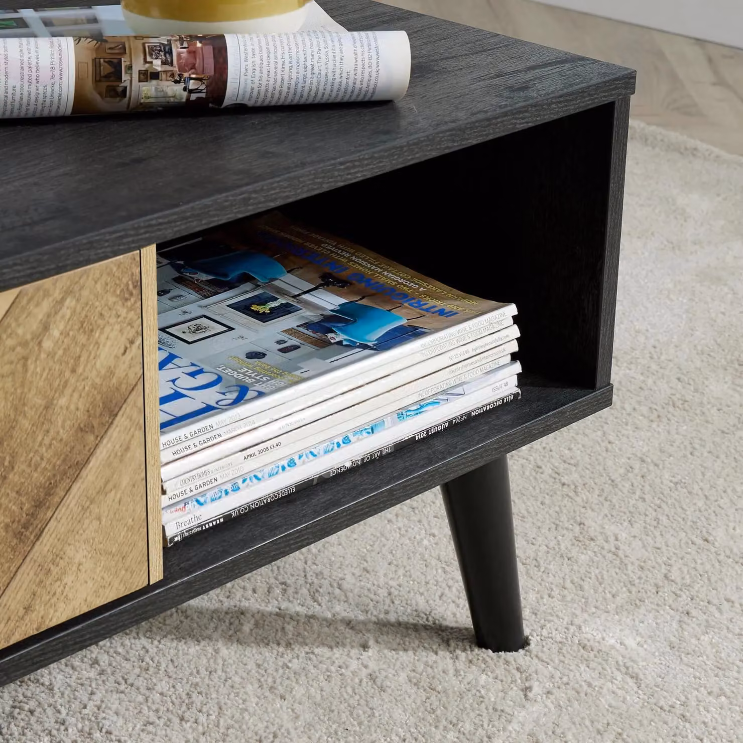 Home Source Mid-Century Rectangular Coffee Table with One Drawer and Open Storage in Black – 4