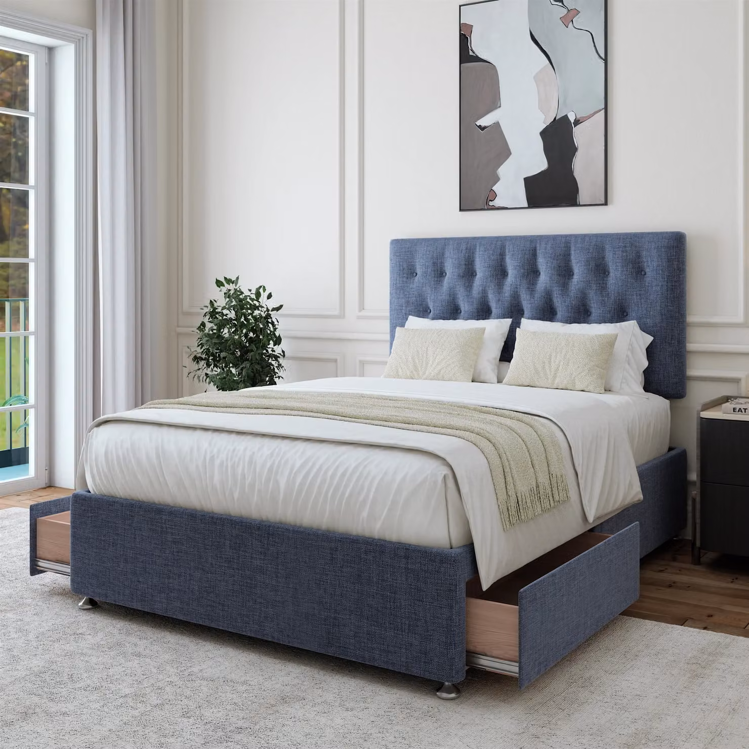 Bedmaster Linen Upholstered Double Divan Base with 2 Drawers and Button Headboard in Black, W/D/H: 140 x 200 cm