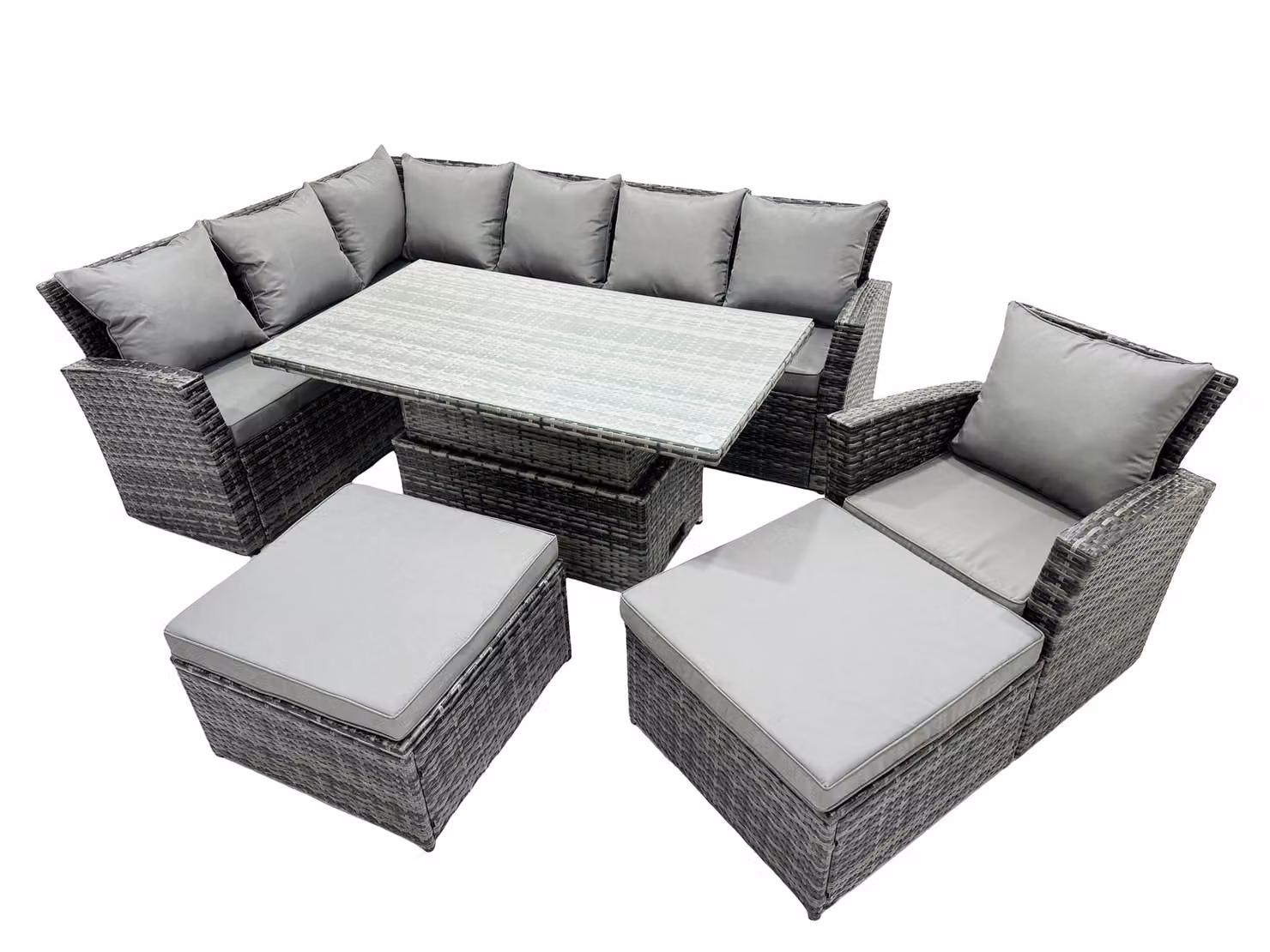 Fimous Poly Rattan Outdoor Patio Corner Sofa Set with 2 Large Stools and Chair in Dark Grey – 2