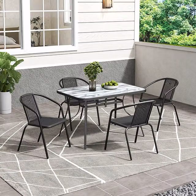 Breeins Rustic Garden Coffee Table with 4 Chairs, Tempered Glass and Metal, White and Black