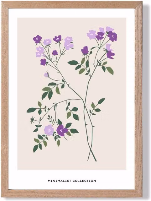 ARTZE Purple Vinca Plant Minimalist Botanical Framed Print with Oak Frame, A3