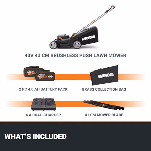 WORX PowerShare 40V Brushless Cordless Lawnmower in Black with 41cm Cutting Width, Mulching Kit, Collection Bag and Quick Charger – 4