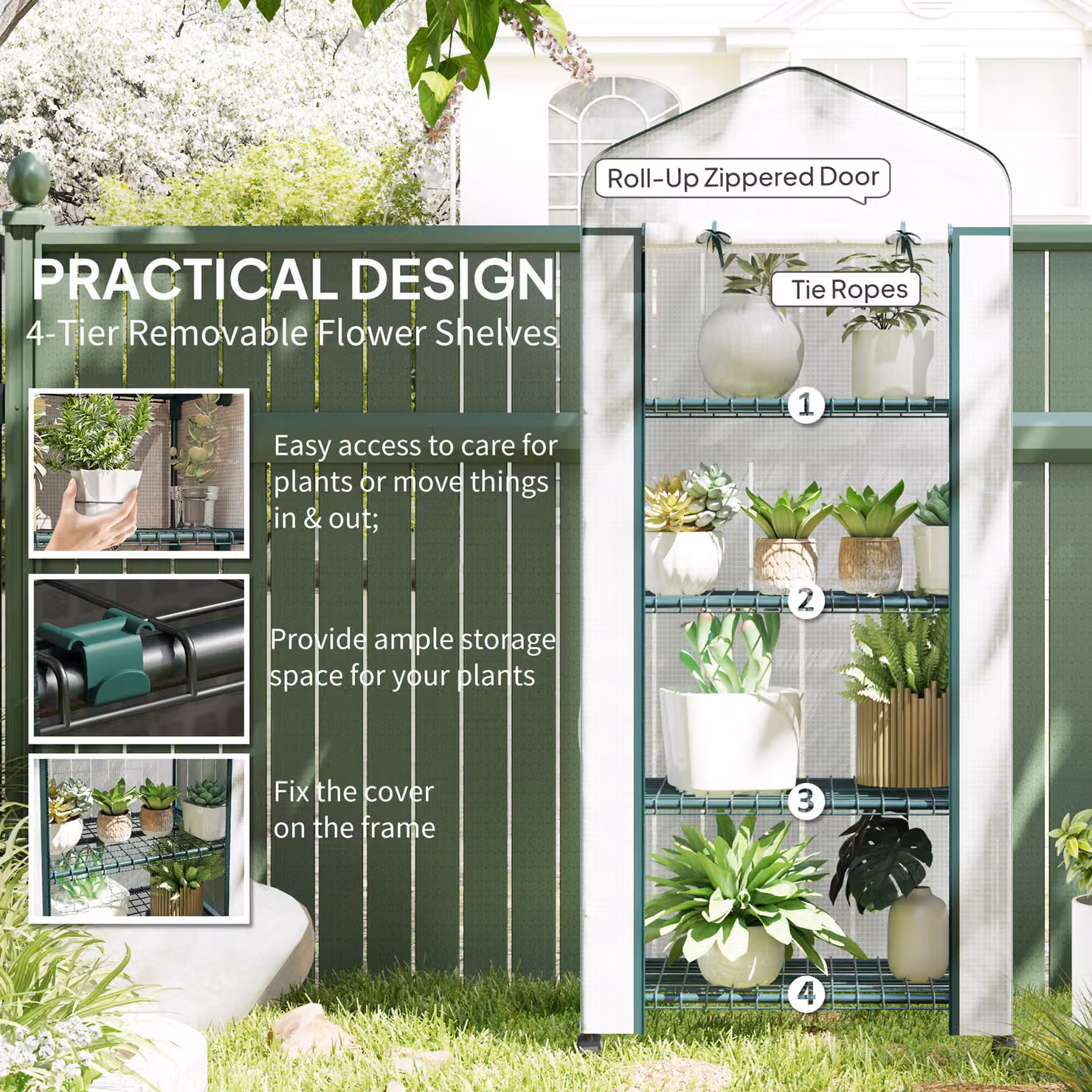 Outsunny 4 Tier Mini Portable Greenhouse with Metal Frame and PE Cover in White – 4