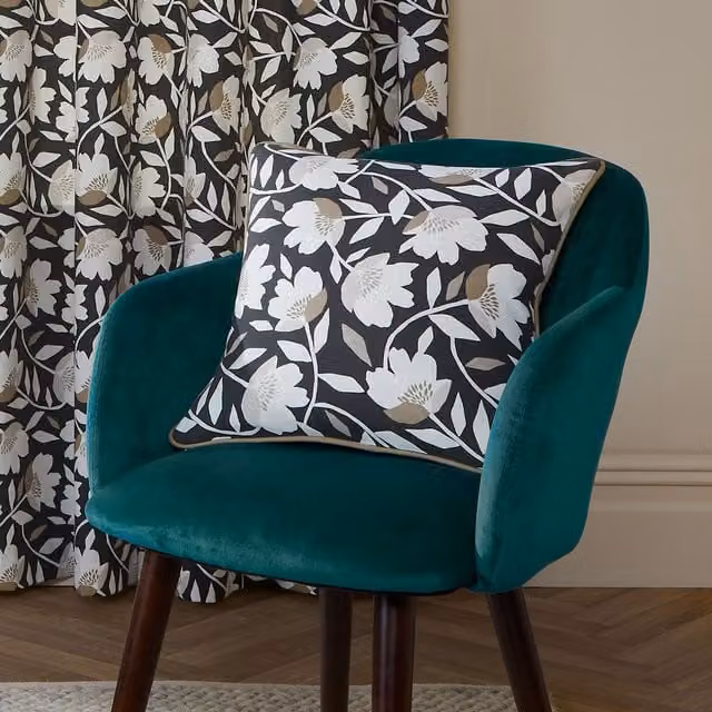 Fusion Luna Black Floral Cotton Filled Square Cushion W/D/H: 43 x 43 x 43 cm – 1