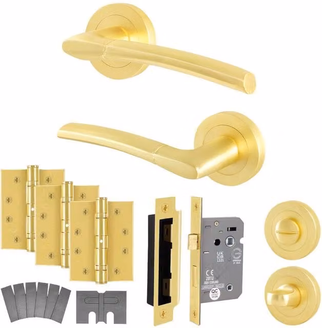 AFIT Boston Satin Brass Bathroom Fire Door Handle Set with WC Lock and Hinges in Gold, Size: 150 x 150 mm