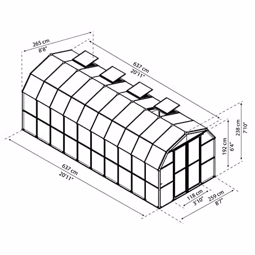 Palram Canopia Grand Gardener Greenhouse with Green Resin Frame and Transparent Polycarbonate Panels, W: 264.7 in, D: 637.3 in, H: 238.2 in – 4