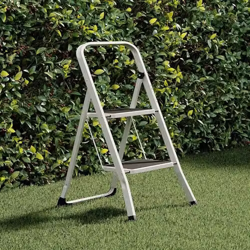 Home Vida 2 Step Steel Folding Ladder in White with Anti-Slip Rubber Feet and 150kg Max Load – 6