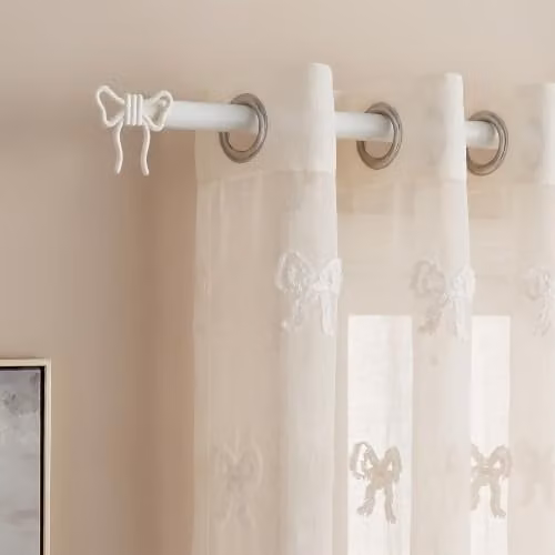 OHS Extendable Metal Curtain Pole with Bow Finials and Brackets, Beige, 70-120 cm