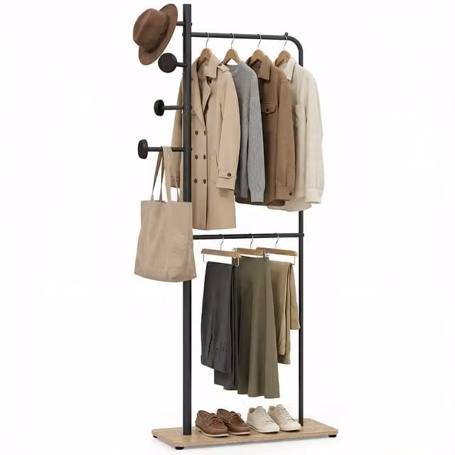 COSTWAY Minimalist Dual Hook and Rail Clothes Hanging Rack in Brown with Rubberwood and Metal