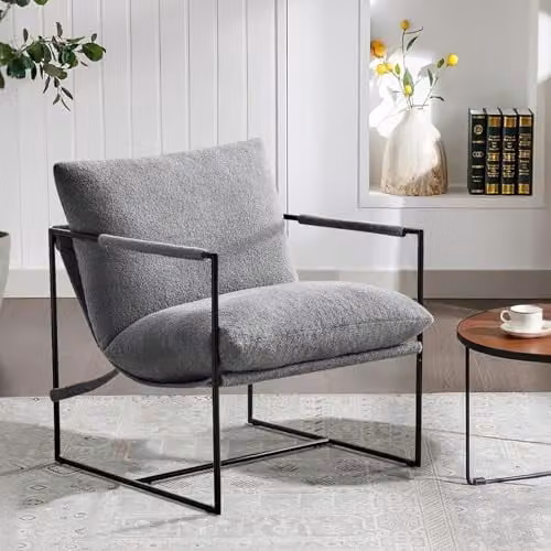 MCC Direct Luca Modern Lounge Sling Accent Chair in Grey Bouclé Fabric with Metal Frame