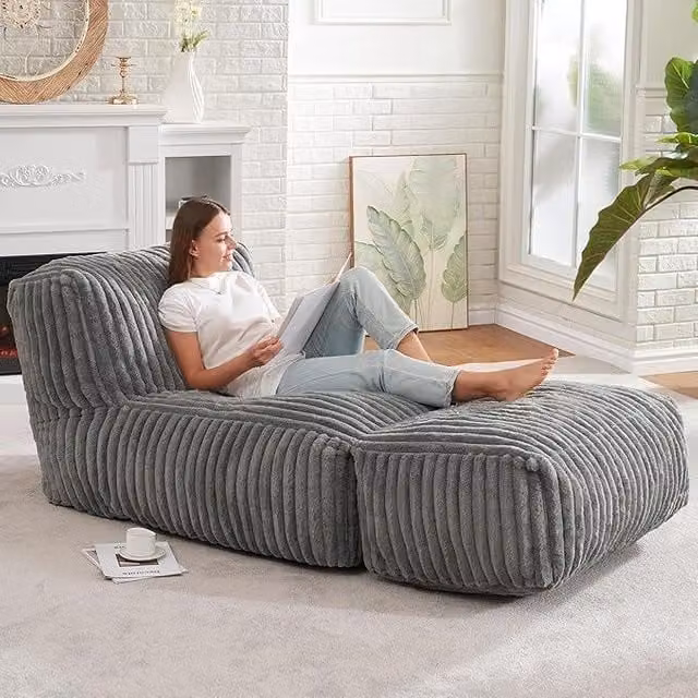 Aosom UK Modular Bean Bag Sofa with Ottoman and Removable Machine-Washable Cover in Light Grey, H 66 x W 80 x D 160 cm