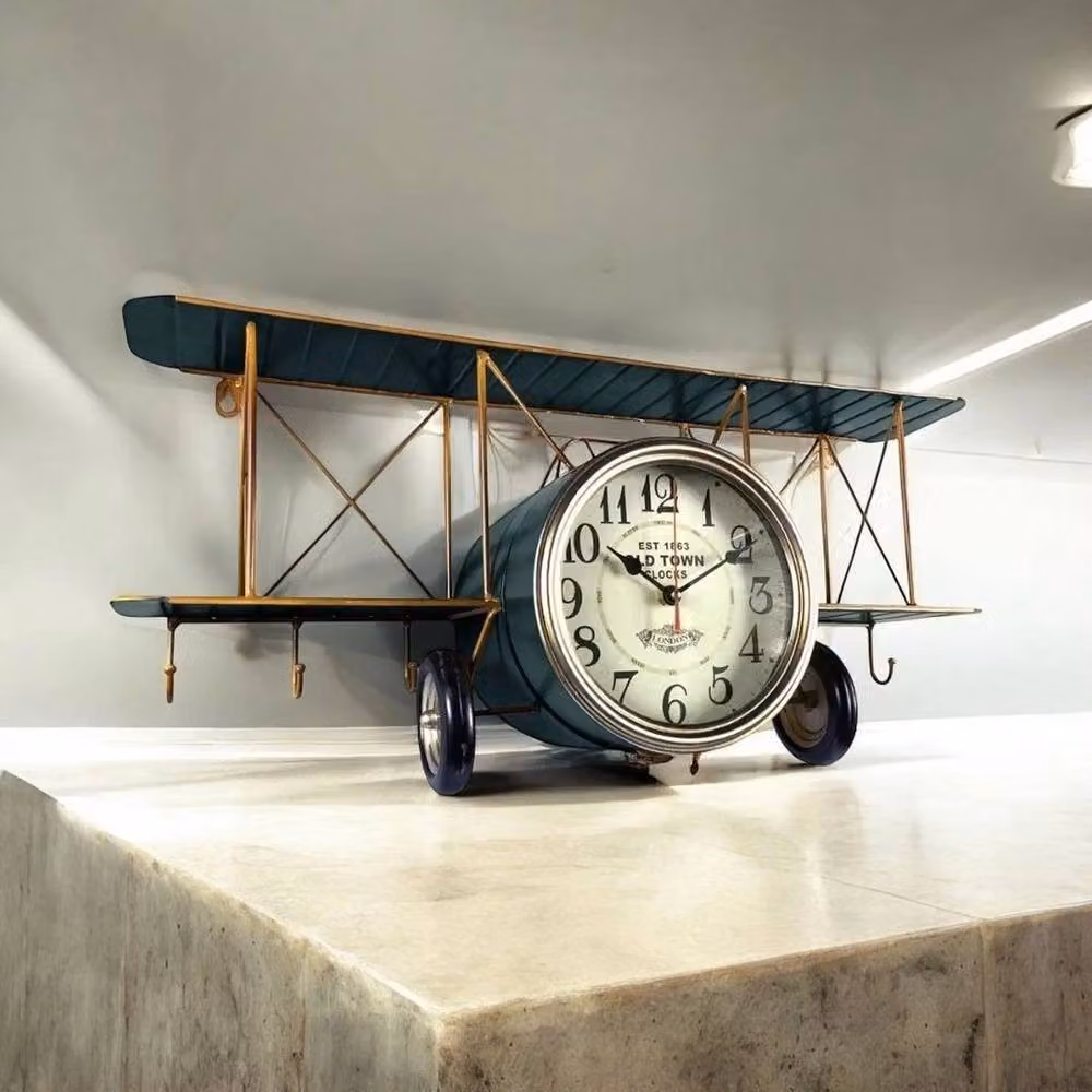 FORGEVIO Blue Retro Aeroplane Analogue Tabletop Desk Clock in Metal – 2